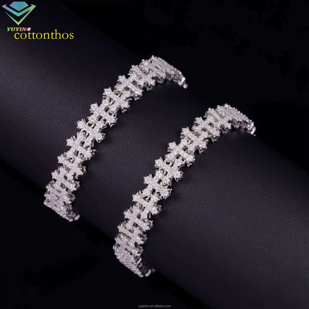 RTS Cross in Stock Hip Hop Moissanite Sier Religious Jewelry Dia Cuban Link Chain Bracelet