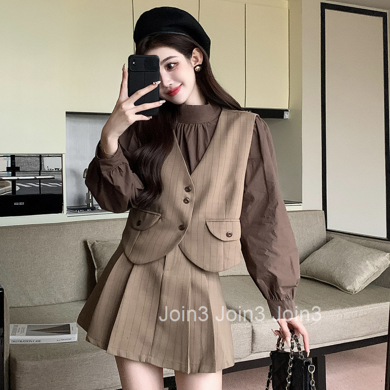 Autumn Winter New Sweet and Spicy Half Turtleneck Long Sleeve Shirt + High Waist Skirt + Vest Three-Piece Set for Women