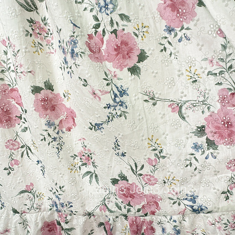 Summer New Puff Sleeve Waist-Cinching Long Dress Niche Korean Style Floral Dress Ruffled Low Neck Short Sleeve Dress