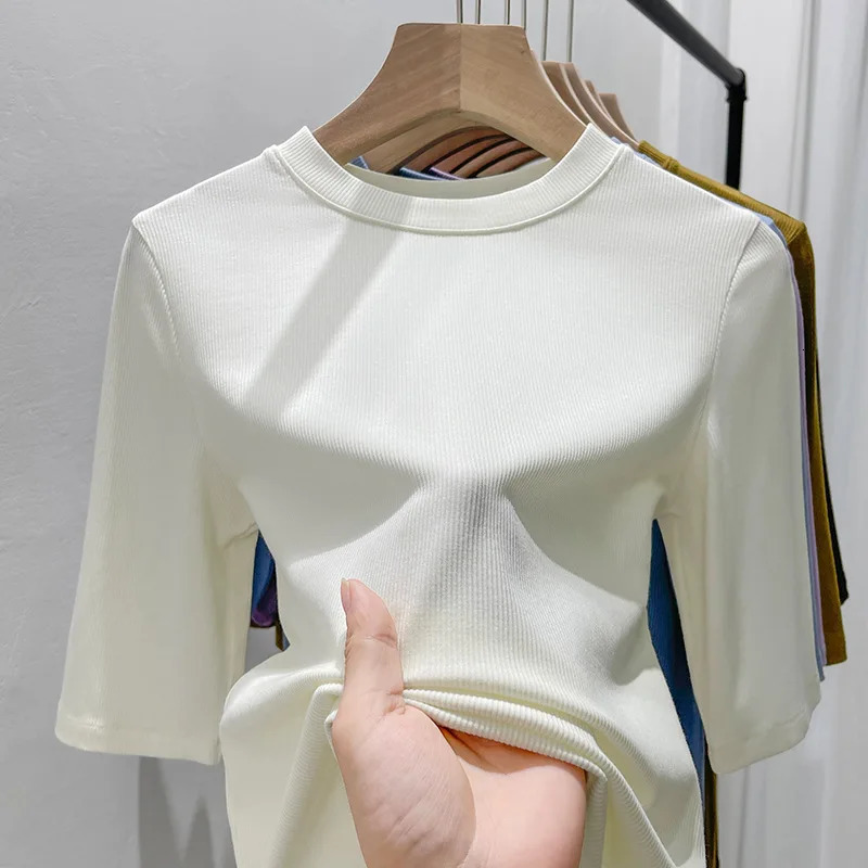 Summer Ice Silk Women T Shirts Solid Color Round Neck Comfortable Fashion Short Sleeve Slim Women Tops Shirts 250724