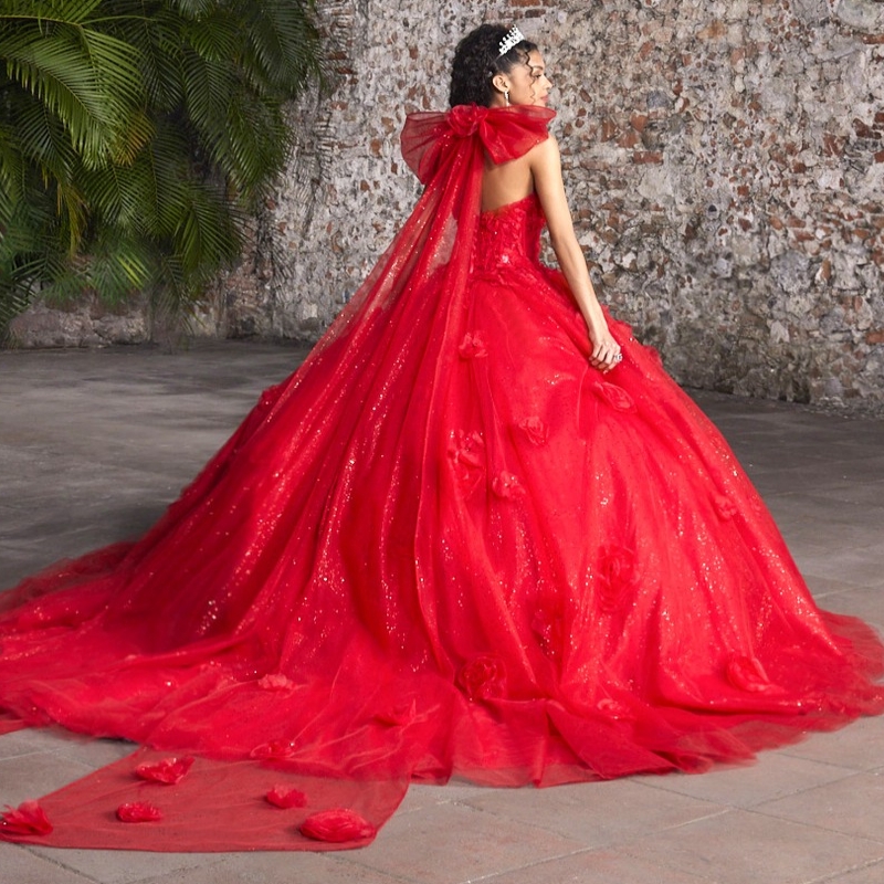 Red Shiny Quinceanera Dresses Ball Gown Off The Shoulder Flower Beads Tull Party Birthday Sweet 16 Dress Vestidos 15 Anos