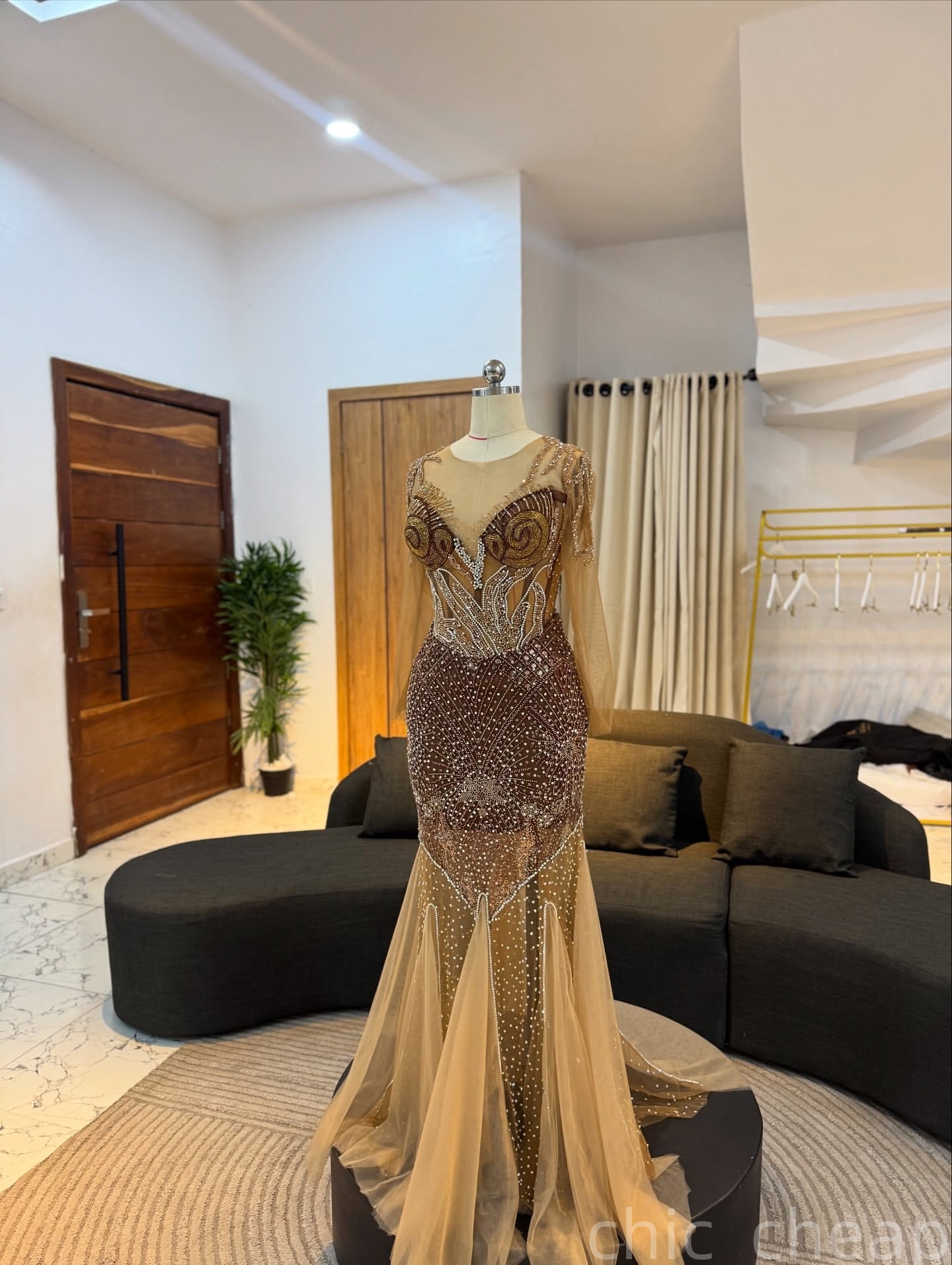 Mermaid Brown Prom Dresses 2025 Beaded Crystals Illusion Evening Formal Party Second Birthday Engagement Gowns Plus Size Dress For Special Occasions Z