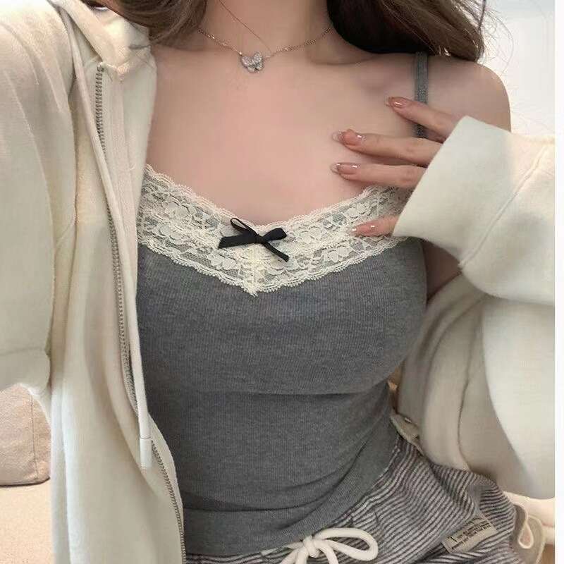 Designer T Shirt Butterfly Knot Lace Trim Camisole With Chest Pads For Women, Slim Fit, Pure Desire Sweet Spicy Girl Base Shirt