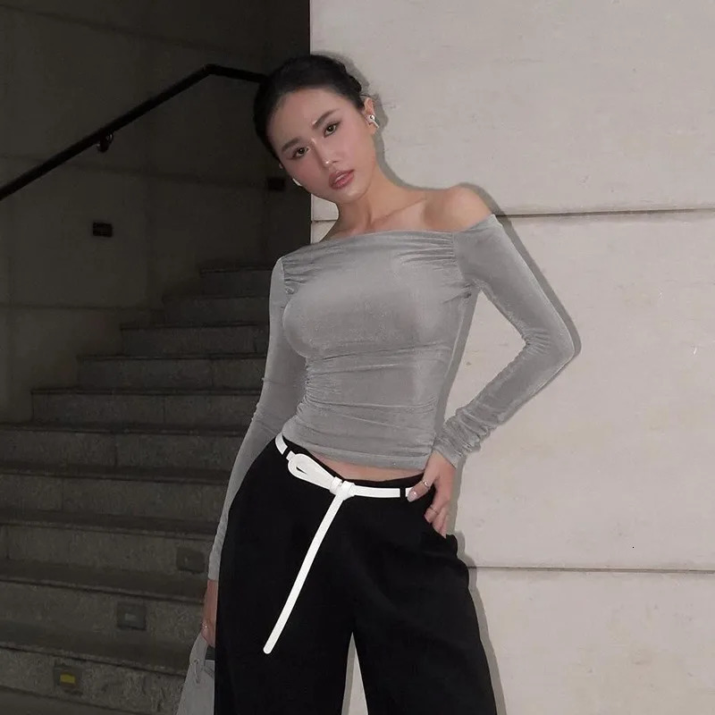 Women Tshirt Autumn Sexy Crop Top Off Shoulder Slim Solid Tees Long Sleeves Streetwear Pullover Asymmetrical Clothing 250729