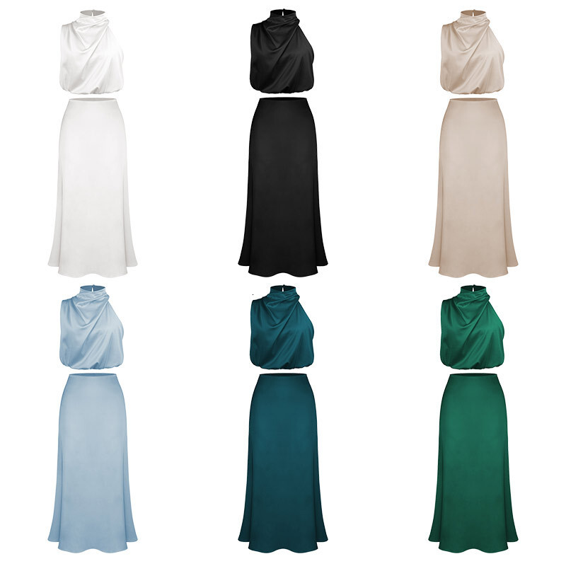 2025 Summer Womens New Sexy Neck Scarf Top Draped Half-Length Skirt Casual Fashion Set Womens Evening Dress