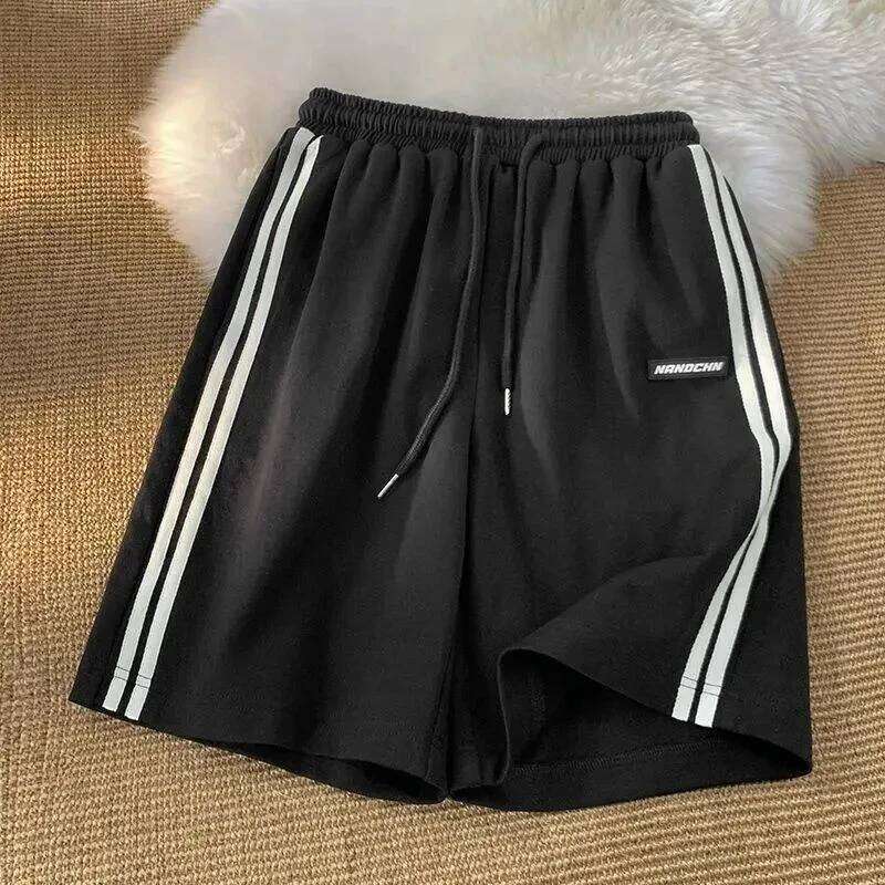 Side Striped Sweatpants Women High Waisted Loose Straight Running Summer Fashion Casual Black White Wide Leg Shorts