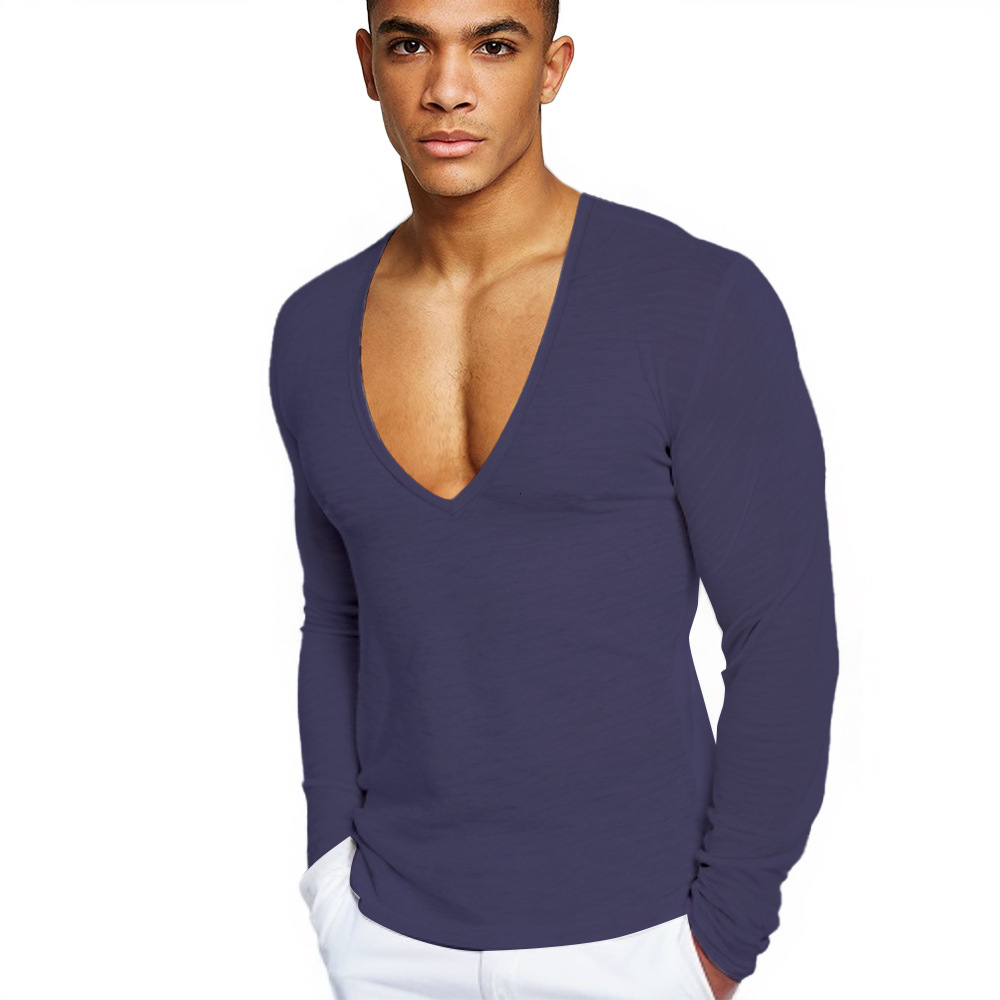 Mens T-Shirt Deep V-Neck Cotton Spring Autumn Long Sleeve Sports Solid Color European Size Trendy Fitness American Style Mens Sweatshirt