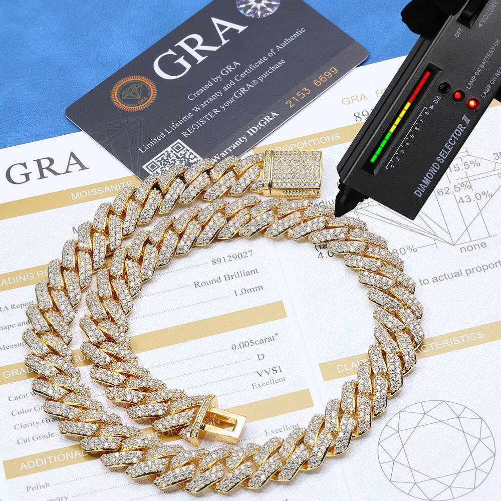 15mm Double Layer Moissanite Cuban Chain Necklace | S925 Sterling Silver Claw Setting Hip Hop Style