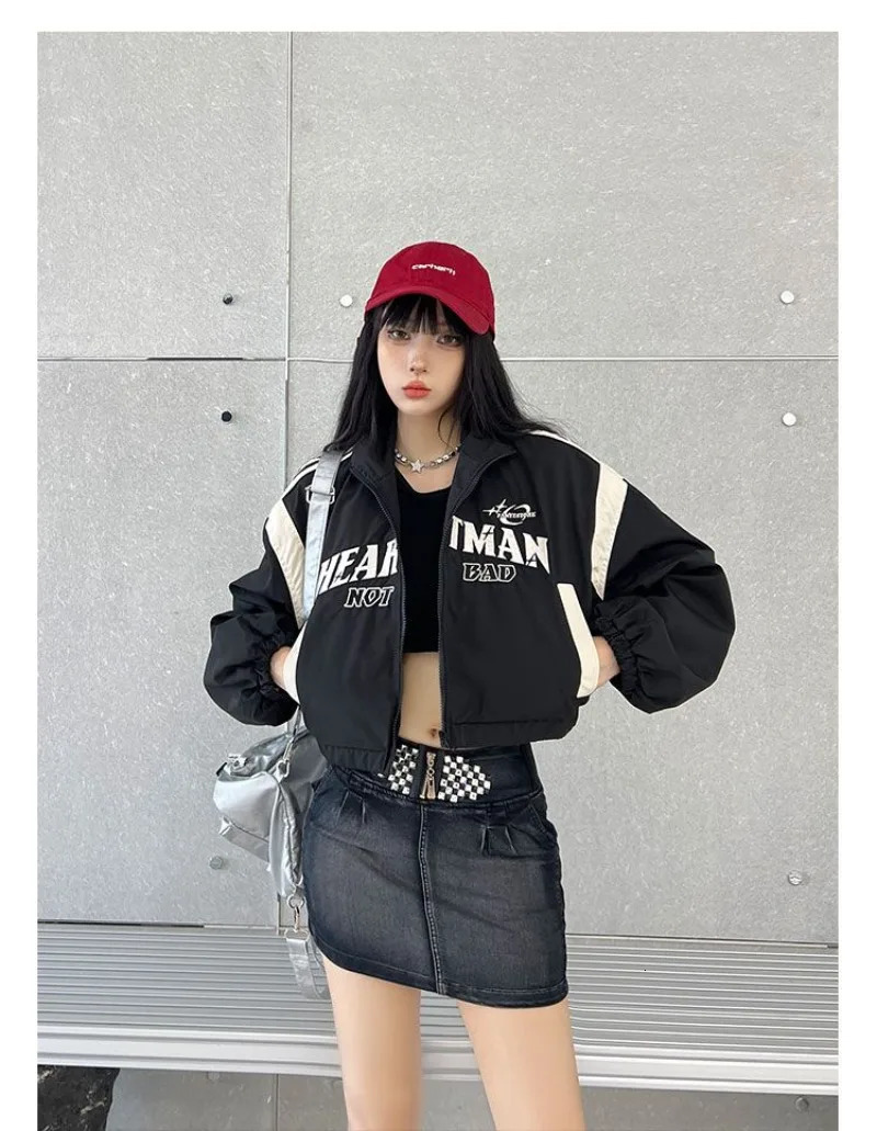 American Retro Spice Girls Short Trench Coat Women Y2K High Waist Motorcycle Wind Red Street Baseball Uniform 250715