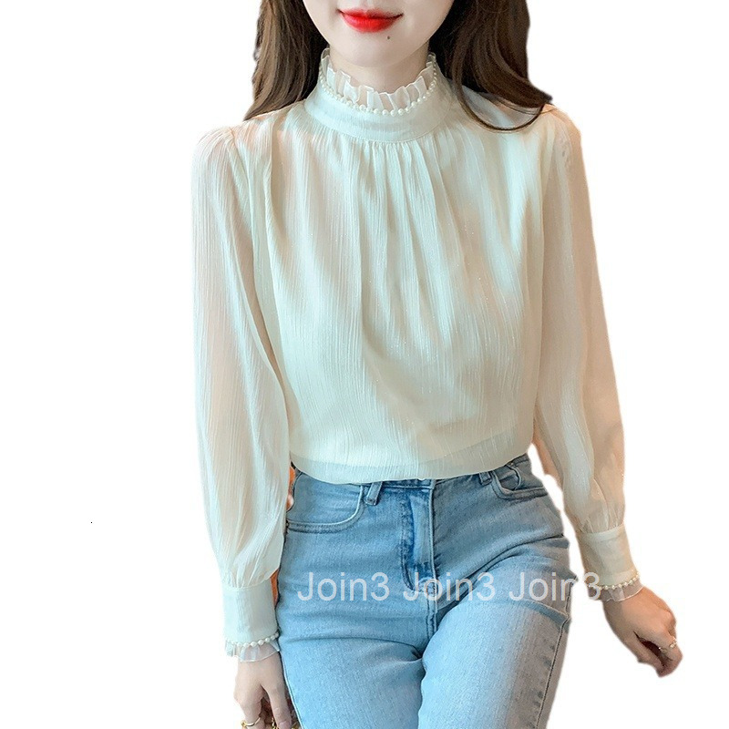 Autumn Winter New French Style Stand Collar Pearl Puff Sleeve Thickened Long Sleeve Shirt Base Shirt Top Plus Size Women