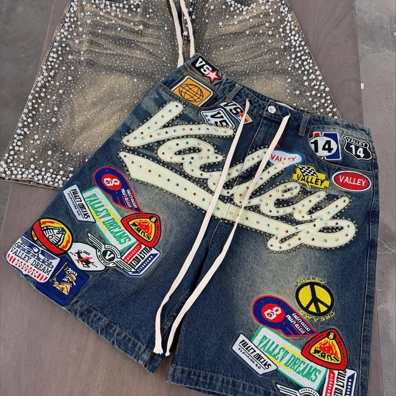 Y2k Composite Hiphop Cartoon Patchwork Jeans Shorts Sweatpants Women Shorts Streetwear Jean Blue Loose Short Casual Pattern Jean 250728