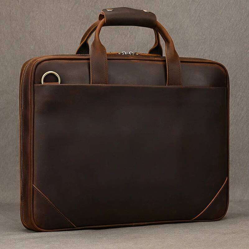 Leather men's business commuter leather man briefcase cowhide handbag retro fashion shoulder A4 document laptop bag