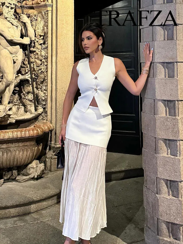 TRAFZA Women 2 Piece Set VNeck Sleeveless Button Knitted Vest TopElegant Splicing High Waist Zipper Long Skirts Holiday Suits 250729