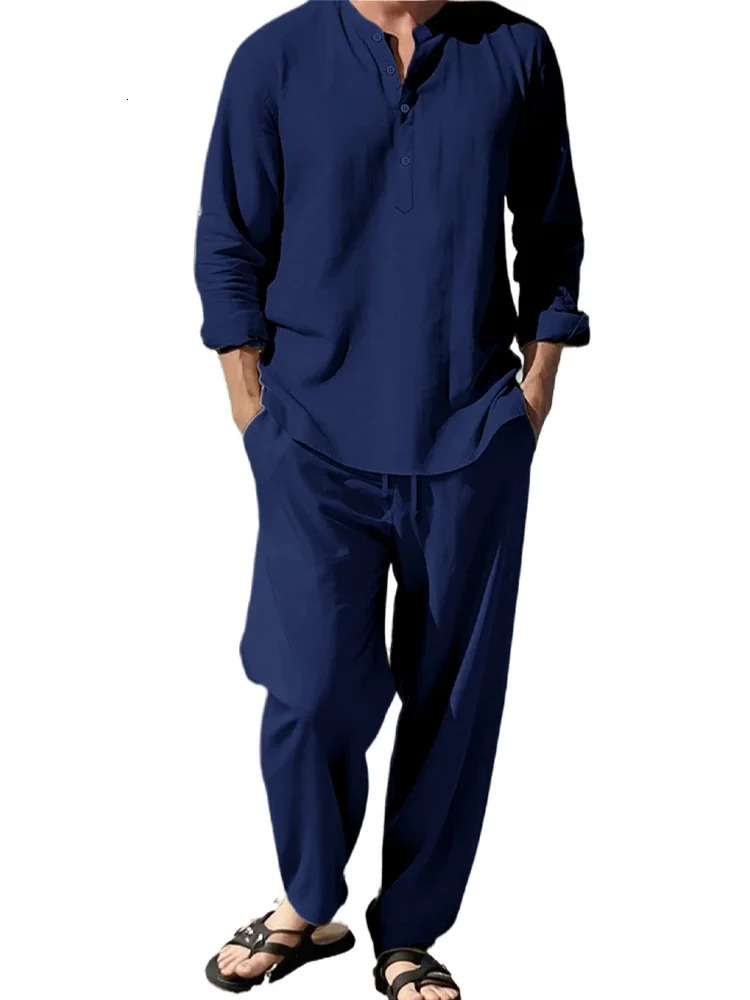 2pcs Shirt Pants Set Longsleeved Henry Trousers Suit Sense of Texture Vacation Light Breathable Draped Mens Clothing 250729