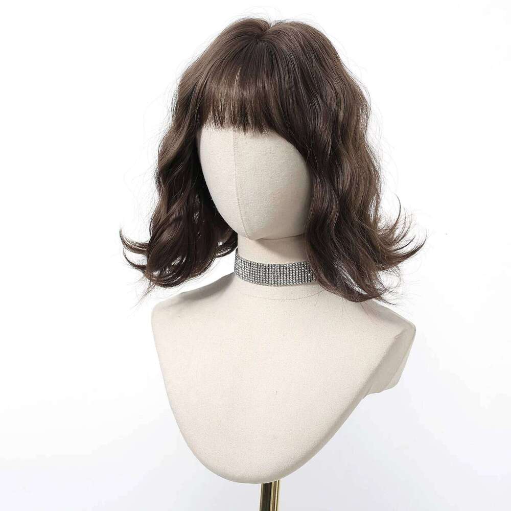 12 Inch Brown Bob Natural Synthetic Cute Hair Short Wavy Curly Wig With Bangs For Women Daily Party Use Heat Resistant Fiber