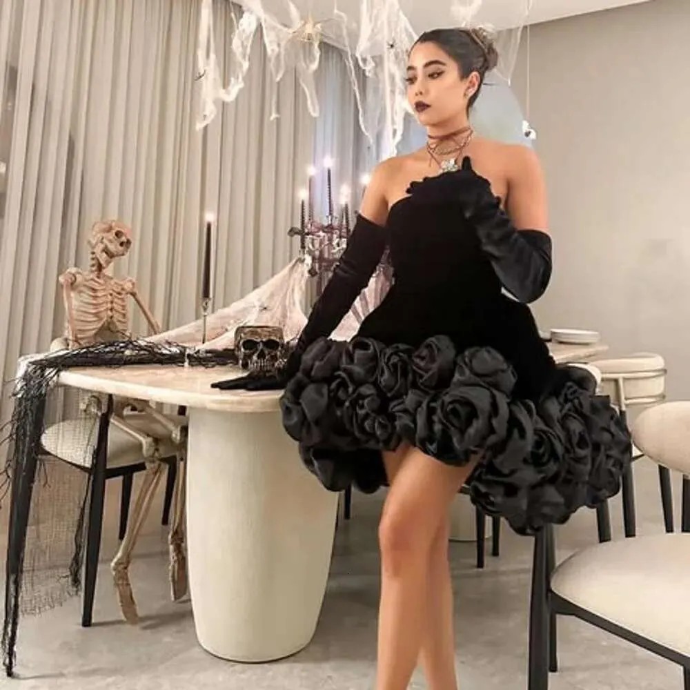 Elegant Black Lace Short Formal Evening Dress Strapless A Line Prom Pageant Party Gowns Robe De Soiree Vestidos De Feast