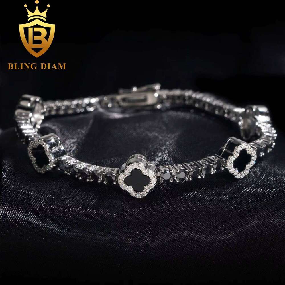 Fashion Black Clover Tennis Chain Sier 3mm Moissanite Pass Dia test Hip Hop Bracelet