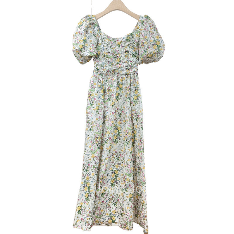 2025 Summer New Floral Large Collar Puff Short Sleeve Waist High Waist Dress Lightweight Stretchy Mid-Length Dress for Women