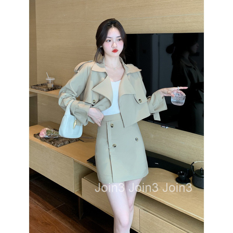 New Autumn Short Skirt Set for Socialites Long Sleeve Trench Coat Jacket with Half Skirt Two-Piece Set for Women
