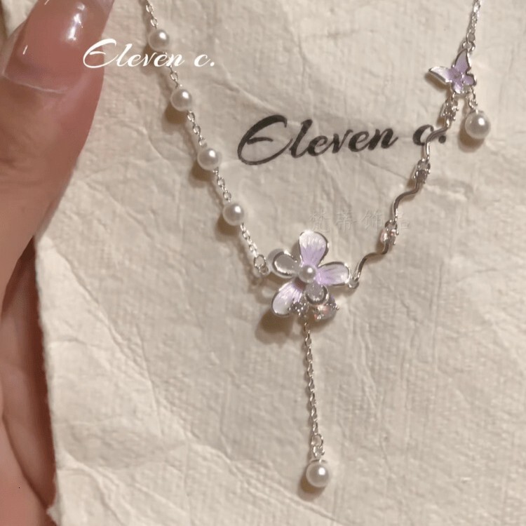 Ahhh Spring Summer Fresh Purple Flower Pearl Tassel Necklace Niche High-end Elegant Collarbone Chain for Women Jewelry for Women