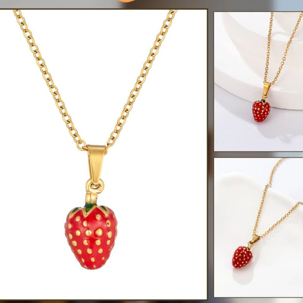 Trendy Fruit Strawberry Stainless Steel Necklace for Women Simple High-End Feel Non-Fading Pendant Niche Versatile Jewelry for Women