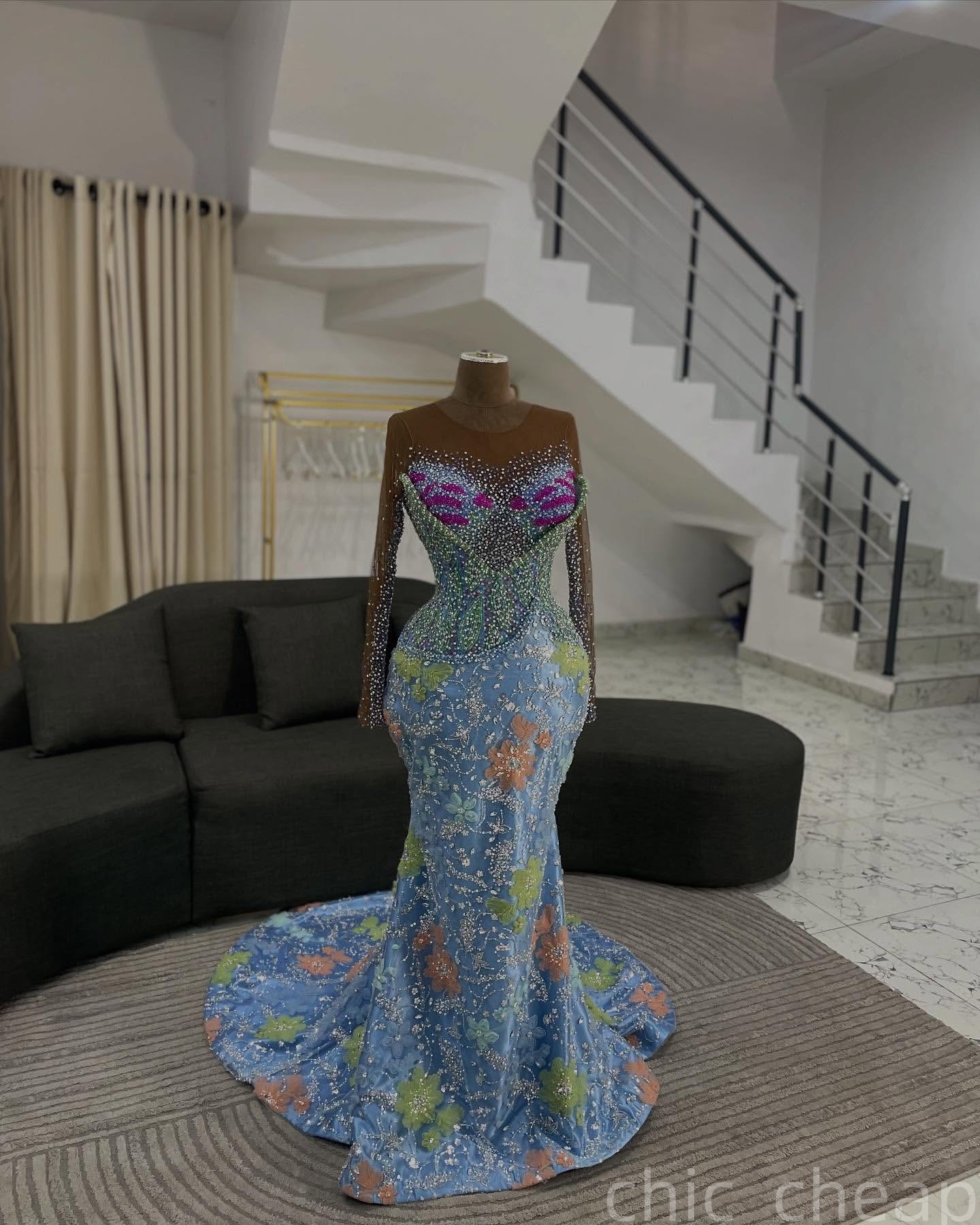 Mermaid Sky Blue Prom Dresses 2025 Crystals Beaded 3D Floral Lace Evening Formal Party Second Birthday Engagement Gowns Plus Size Dress For Special Oc
