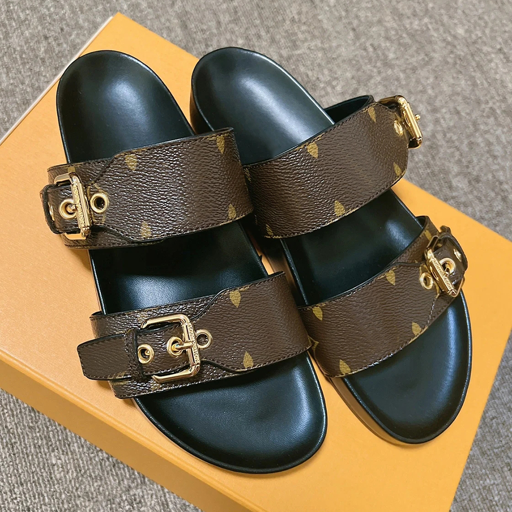 Women slides designer sandals luxury slippers woman comfort embossed casual platform buckle sandal mules shoes summer beach sliders ladies flats black brown