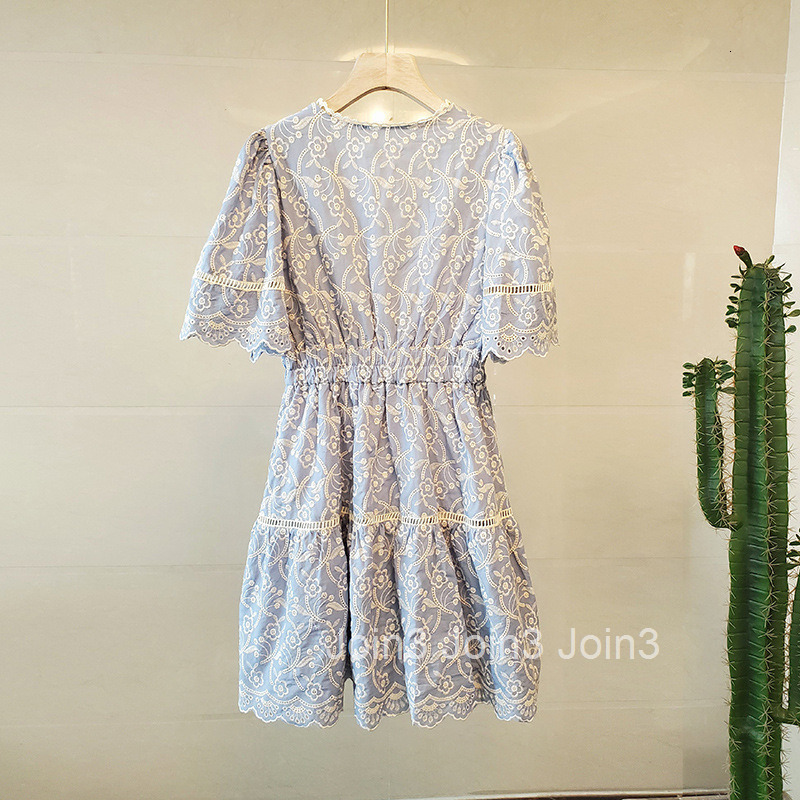 New Summer Dress Heavy Embroidery Hollow Fairy Mid-Length Dress Cross V-Neck Elegant Waist Slimming Short Sleeve Dress