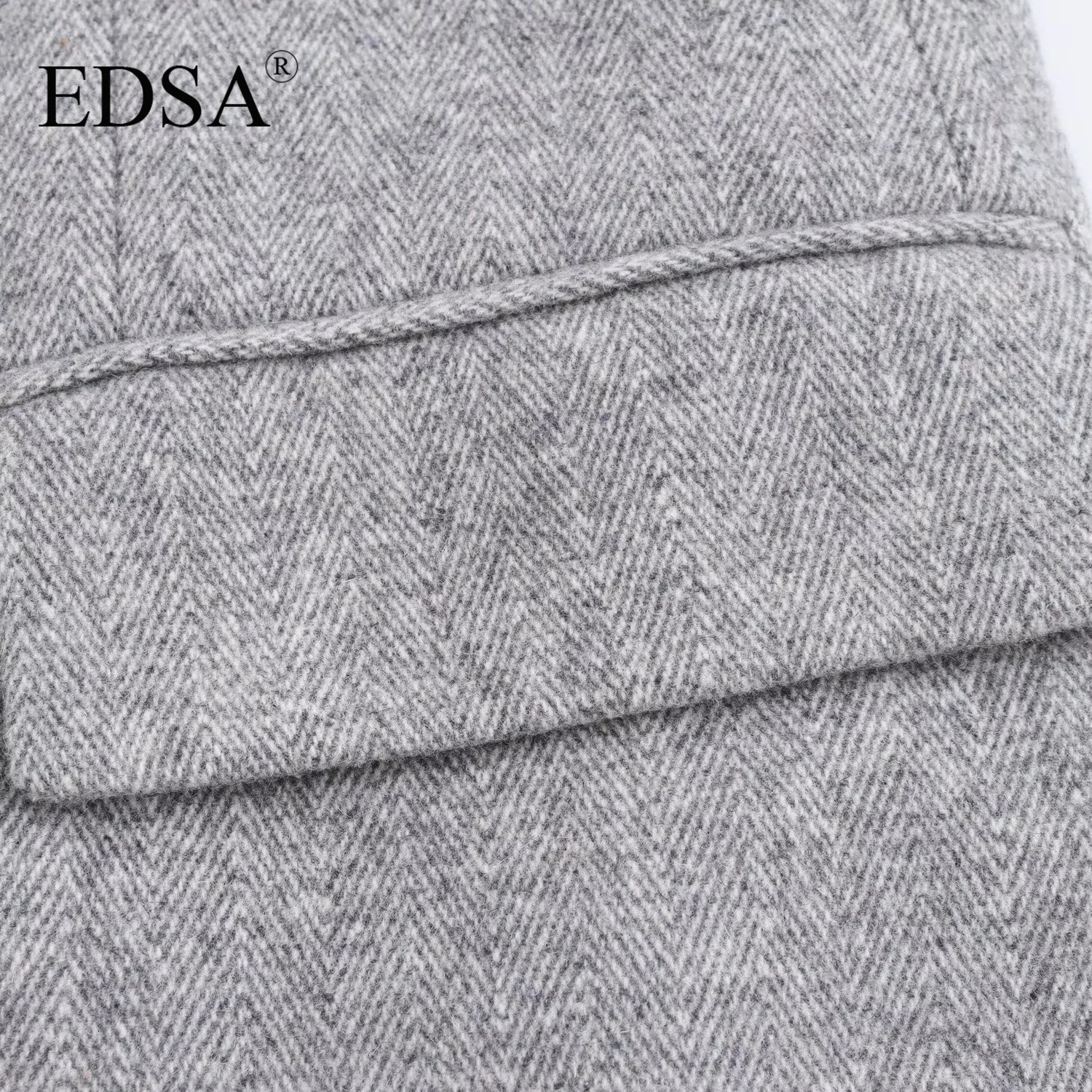 EDSA Women Herringbone Wool Blend Blazer with Flap Pockets for Office Lady Single Button Long Sleeves Jacket Outerwear 250729