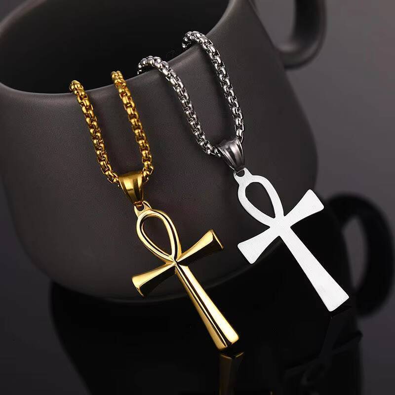 Fashion Jewelry Simple Ancient Egypt Cross Smooth Stainless Steel Gold Plated Pendant Necklaces Women Men