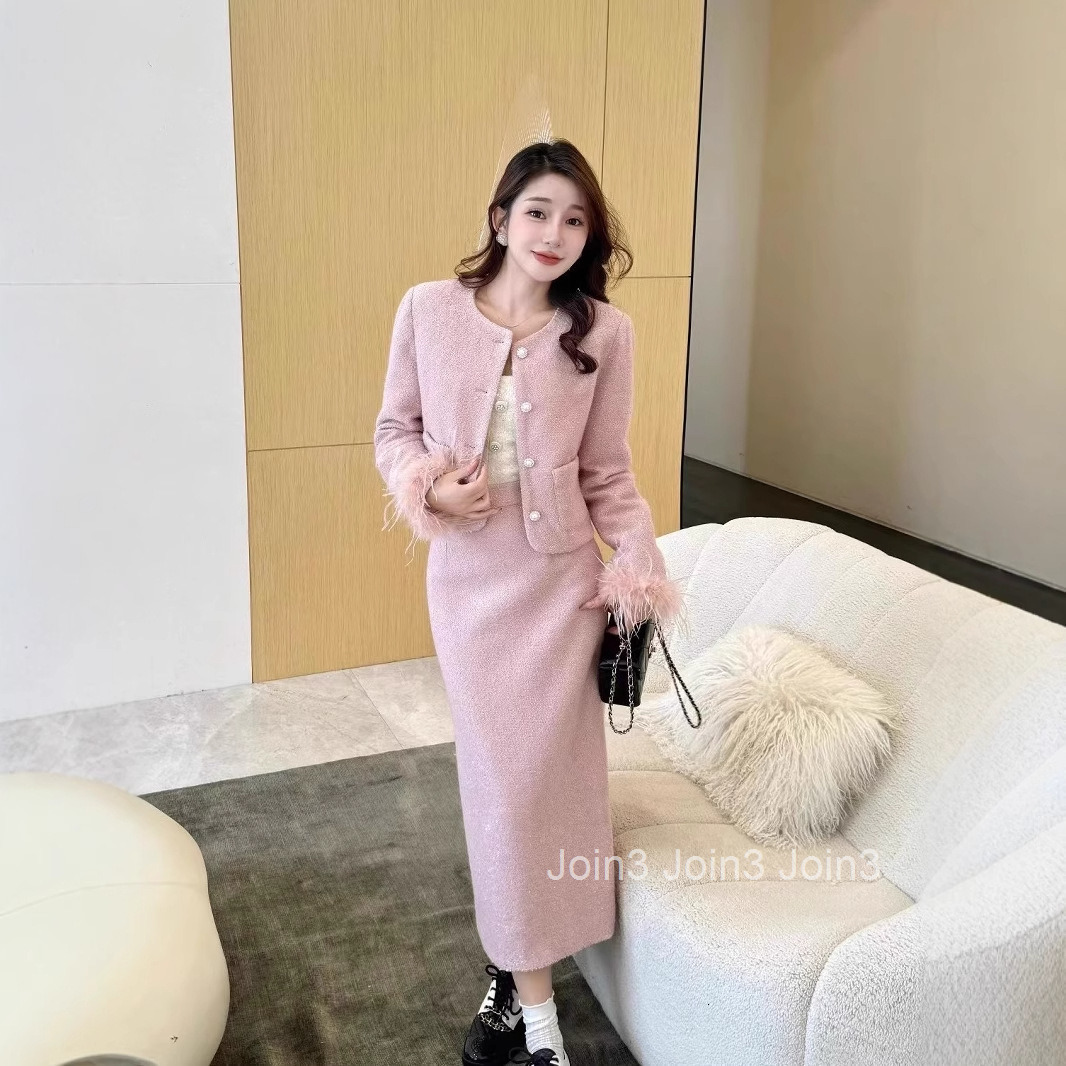 Winter New Down Small Fragrance Style Long Dress Set Elegant Slimming Long Sleeve Jacket Top High Waist Skirt Two Pieces