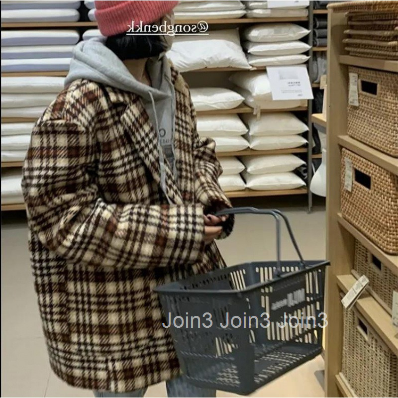 Winter New Melad Plaid Elegant Woolen Suit Coat Loose Mid-Length Long Sleeve Woolen Jacket for Women