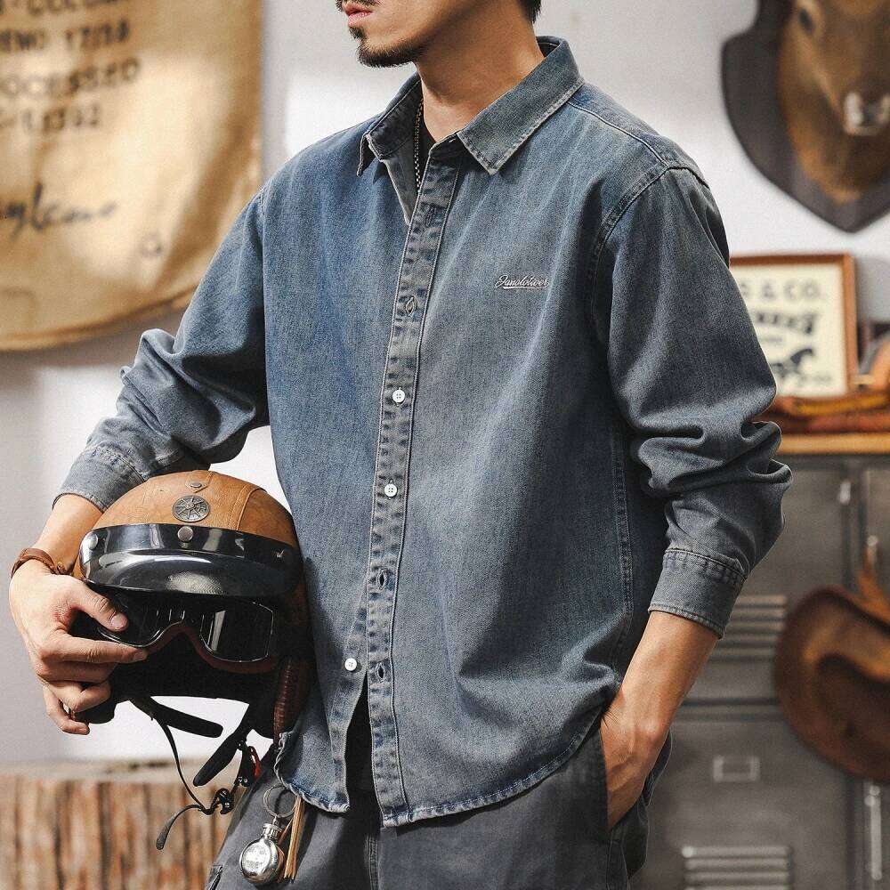 Japanese Vintage Denim Shirt Men Streetwear Lightweight Loose Fit Long Sleeve Blue Casual Coat Spring Fall High Quality Man 250726