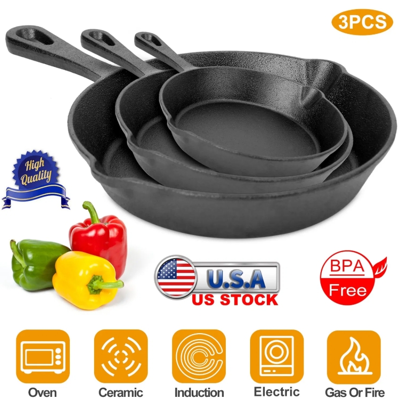 3Pcs Pre-Seasoned Cast Iron Skillet Set 6/8/10in Non-Stick Oven Safe Cookware Heat-Resistant Frying Pan