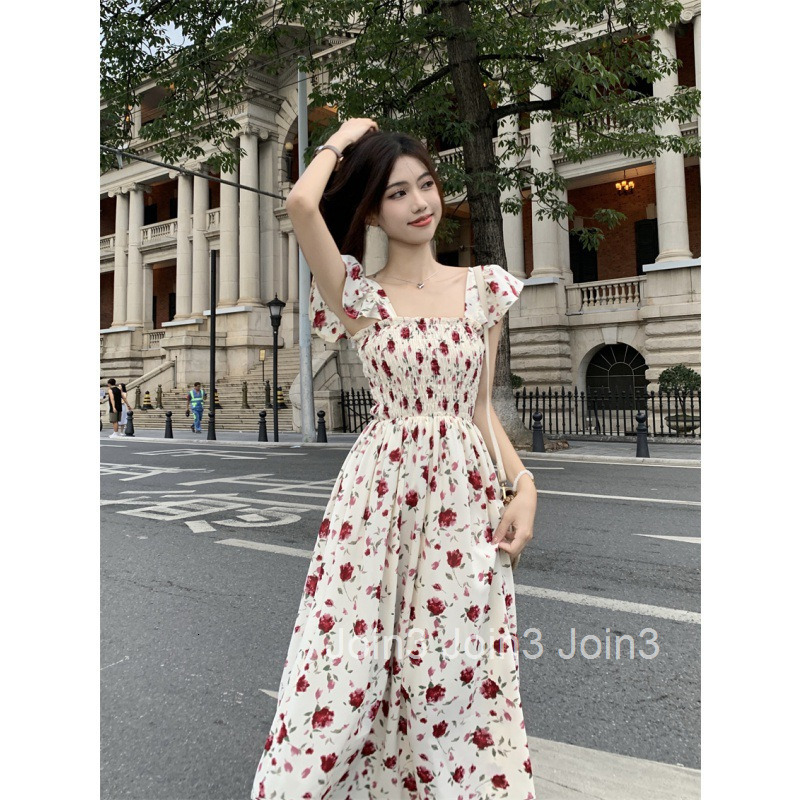 Summer New French Style Elegant Strap Long Dress Vacation Waist-Cinching Floral Print Small Flutter Sleeve Dress