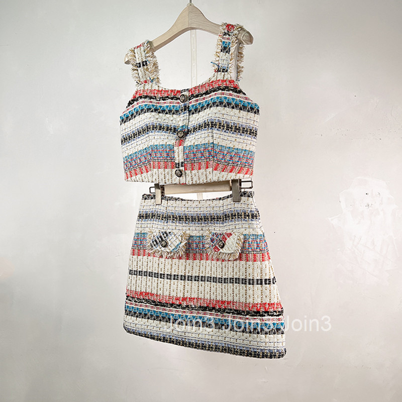 Internet Celebrity Little Fragrance Style Summer New French Texture Petite Heightening Slim Strap Short Skirt Two-Piece Set for Women