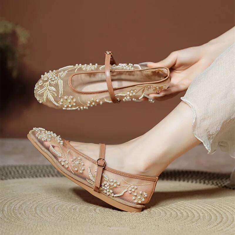 Embroidery String Bead Mesh Ballet Women Fashion White Pearl Mary Jane Shoes Light Summer Flats Elegant Cozy Flat Sandals