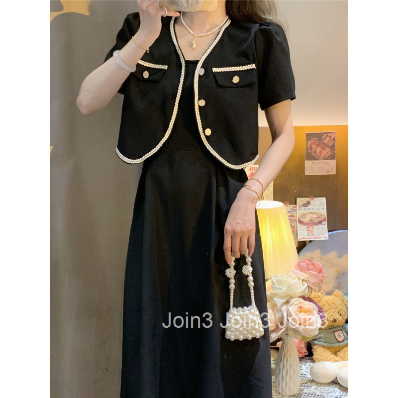 Summer New Womens French Style Elegant Blazer Short Jacket + Camisole Dress Mid-Length Skirt Set