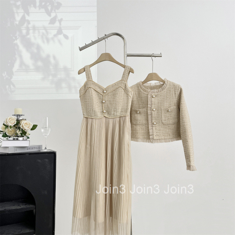 Autumn Winter New Socialite Style Skirt Set Long Sleeve Short Jacket + Mesh Pleated Strap Dress Two-Piece Set for Women