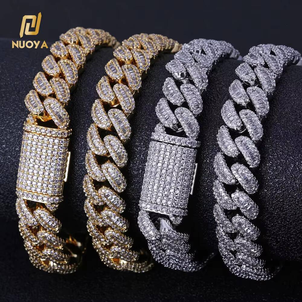 NUOYA BAGUETTE Cuban Chain 12mm White Gold Plated Full Iced Zircon Miami Link Necklace Luxury Hip Hop Jewelry