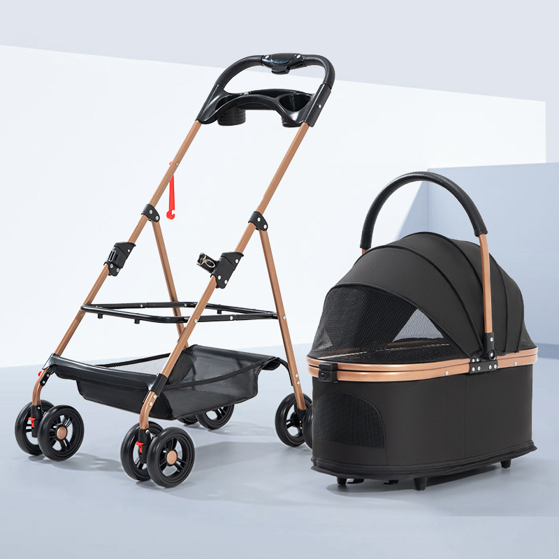 Pet stroller with 4 wheels, foldable pet travel harness, suitable for small/medium-sized dogs and cats, detachable portable pet bag