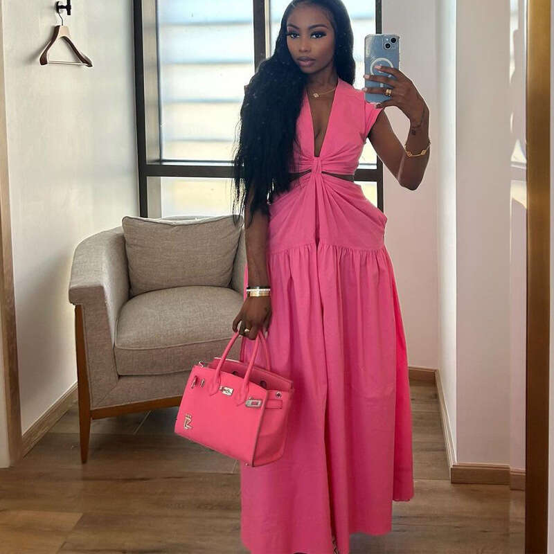 Minimalist Waist-Exposing Summer Women's Solid Color Long Dress B5