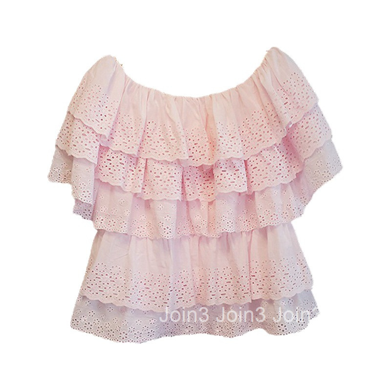 Korean Style Summer Fashion Elegant Off-Shoulder Lace Top Loose Ruffle Cake Blouse Womens Clothing