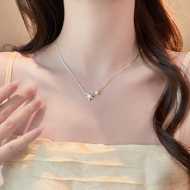 2025 New Small Star Pearl Pendant Sier Necklace for Women High-end Light Niche Design Collarbone Chain Jewelry Jewelry for Women