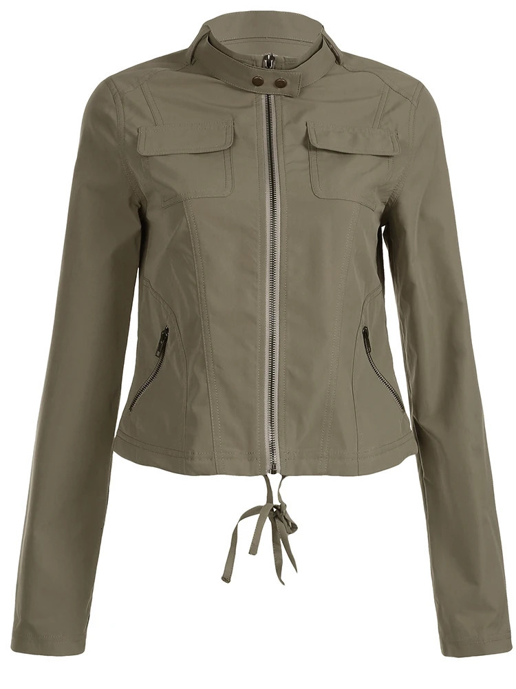 Rockmore Vintage Zip Up Stand Collar Cargo Jacket Women Autumn Harajuku Long Sleeve Streetwear with Pockets Drawstring Hem Coats Y2K 250729