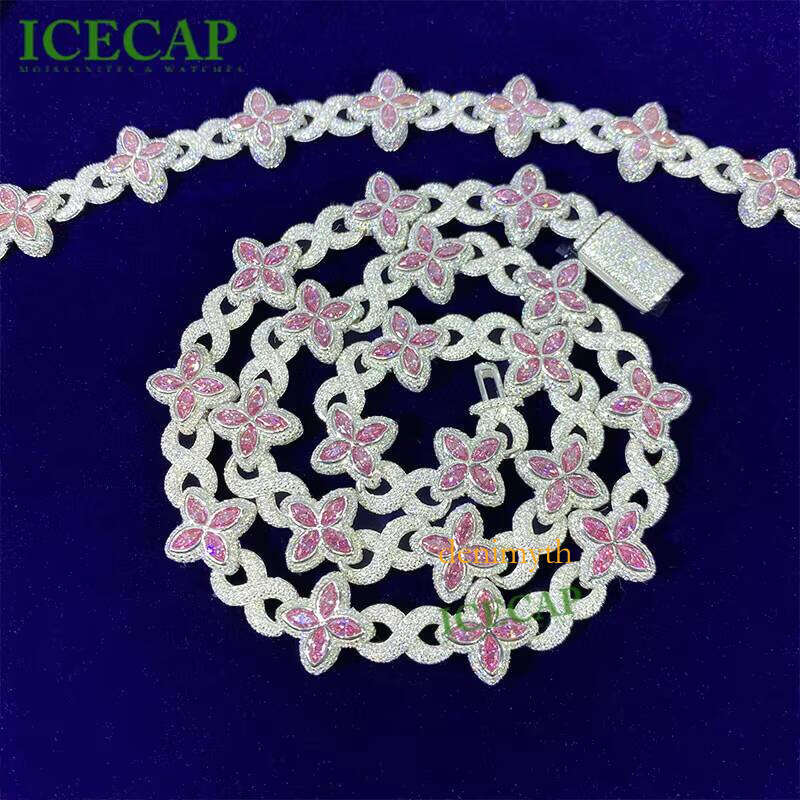 Hot Sale New Design 14MM Sterling Sier Clover Bracelets Iced Out Hip Hop Infinity Colored Moissanite Cuban Bracelet
