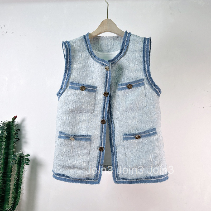 Yuans New Summer Vest Womens Small Fragrance Loose Round Neck Single breasted Panel Edge Vest Womens Outwear
