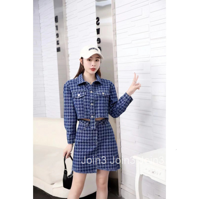 Early Autumn New Style Socialite Internet Celebrity Houndstooth Long Sleeve Jacket Short Top + Half Skirt Two-Piece Set for Women