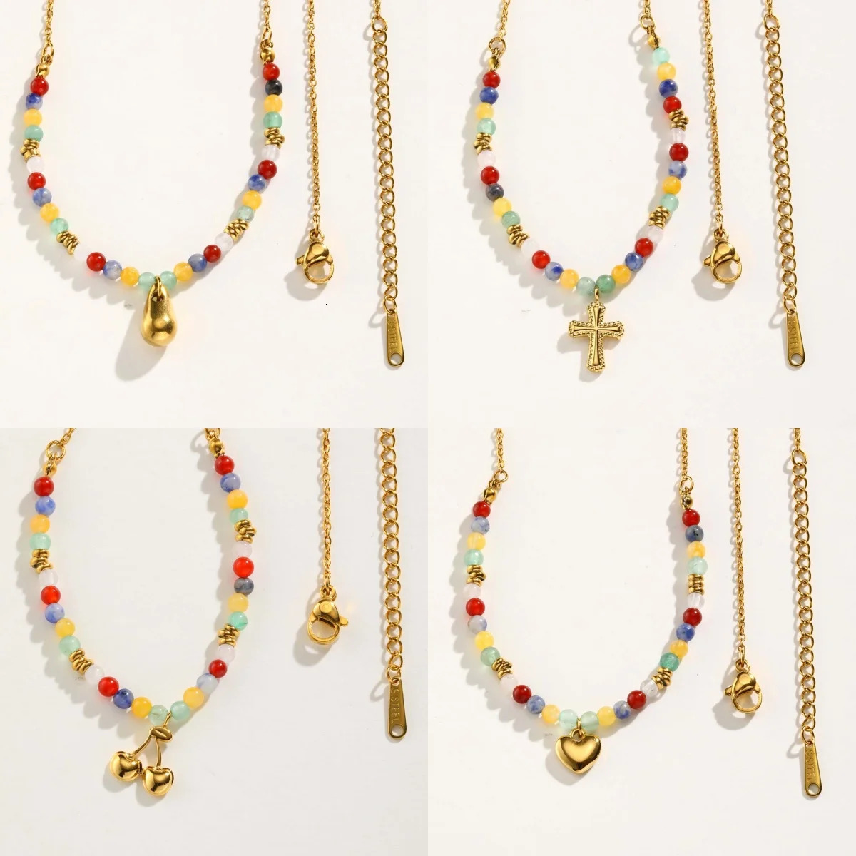 Womens Boho Colorful Natural Stone Bead Necklace Stainless Steel Beaded Chain Water Drop Heart Cross Cherry Pendant Necklace 250729