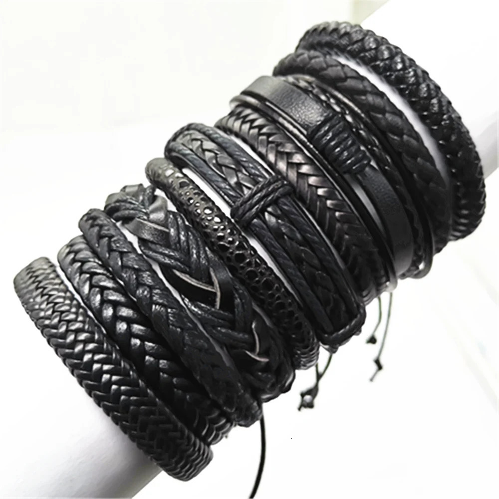 10 Pcsset Black Wrap Woven Fashion Handmade Men Bracelets Male Women Leather Bangle Wholesale Jewelry Gift 250715
